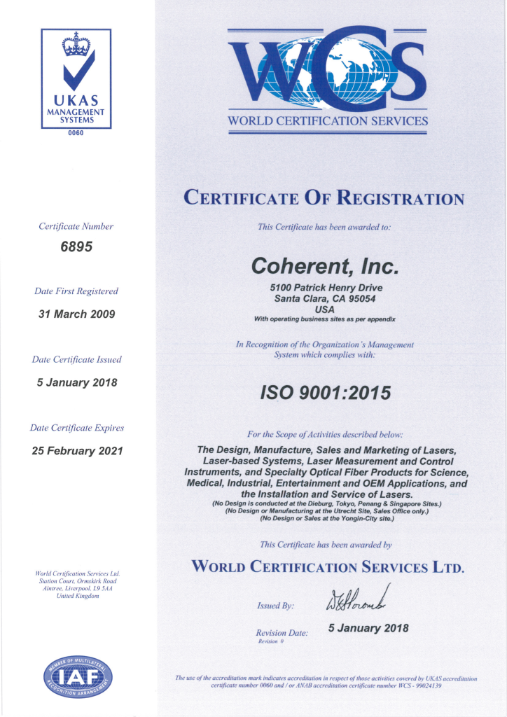 相干is9001 认证证书coherent iso 9001.2015 cert global 25feb2021 01